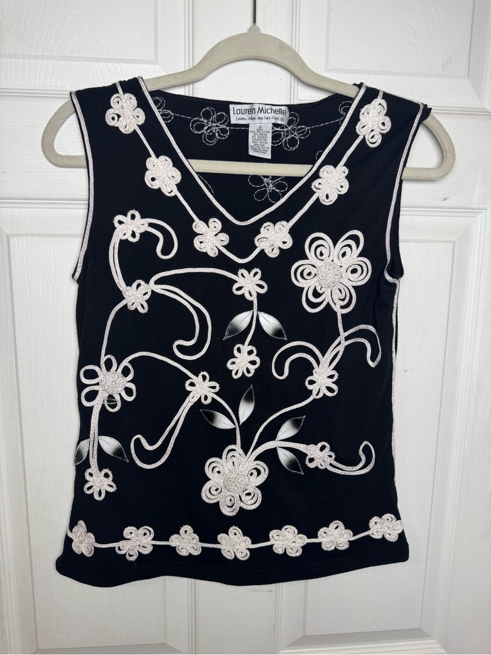 Vintage Embroidered Soutache Appliqué Floral Sleeveless Blouse Top Women’s S